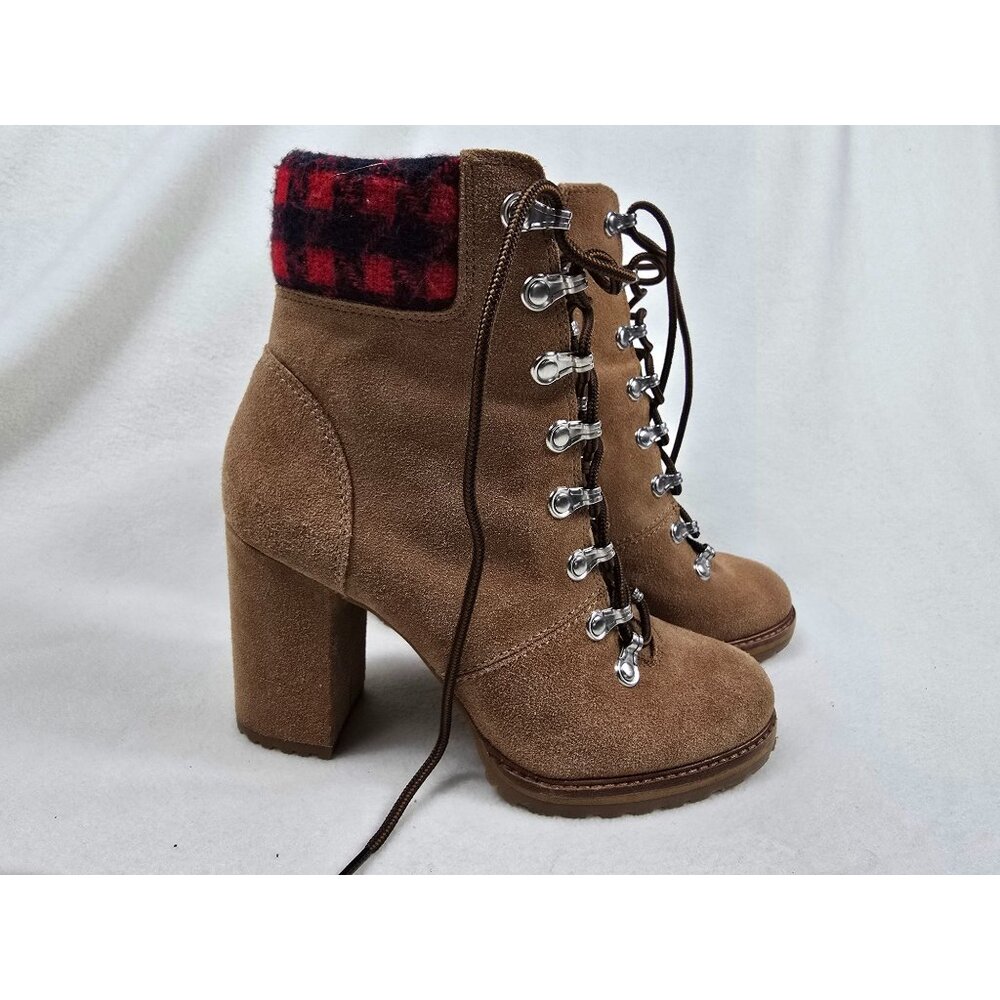 Gianni Bini Sz 8 Lace Suede High Heel Ankle Boots Bootie Plaid Cuff Side Zipper